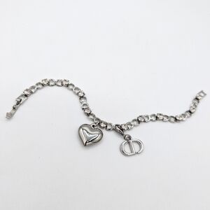 Authentic Christian Dior CD Charm & Puffy Heart| CZ Rhodium Tennis Bracelet| Y2K